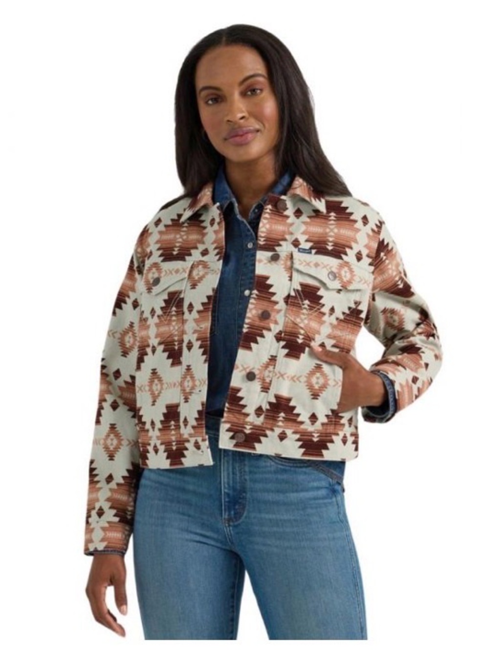 Wrangler Aztec Print Jean Jacket - Beige & Brown Women’s Size Small NWT